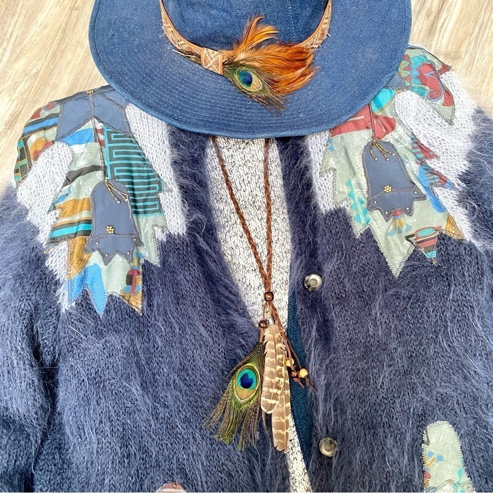 Boho Peacock/feather necklace w native/western Navajo/Pendleton/cottage vibe
